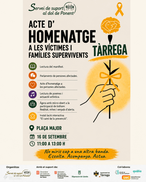 El Servei de Suport al Dol de Ponent acollirà una instal·lació participativa de prevenció del suïcidi aquest 16 de setembre a Tàrrega