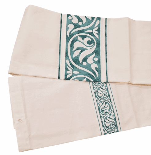 Cortina de baño loneta beige greca verde