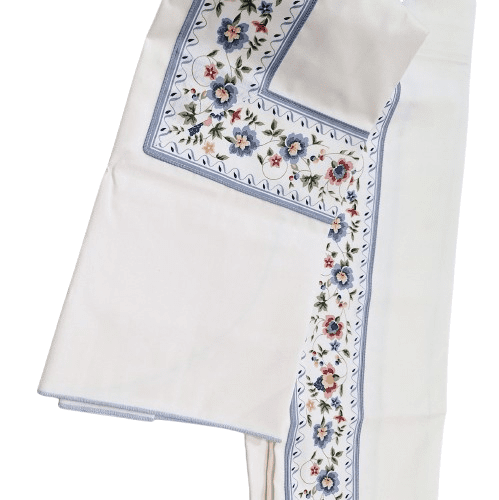 Cortina de baño loneta blanca greca florecitas - 2