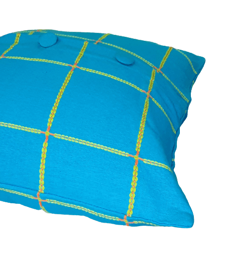 Funda cojín turquesa cuadros verdes 45 x 45 - 1