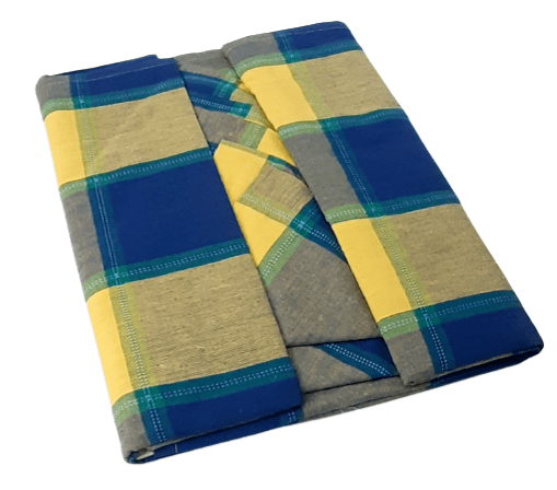 Mantelería cuadros azul amarillo 150 x 150 + 6