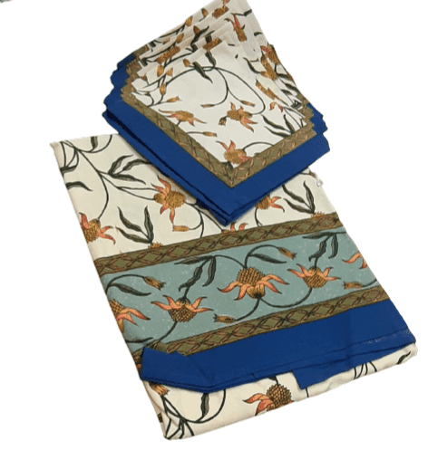 Mantelería flores azul 150 + 6 servilletas