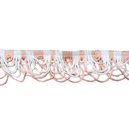 Pasamanería Flecos ondas salmón y blanco