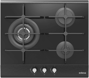 Placa de Gas Edesa EGG-6030 TI TR CI N en Cristal Negro de 60cm, con 3 Quemadores y 2 parrillas de hierro fundido  | Gas Natural