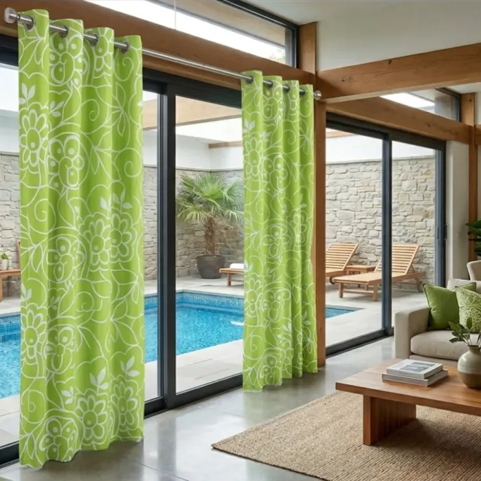2 Cortinas verde pistacho flores blancas - 2