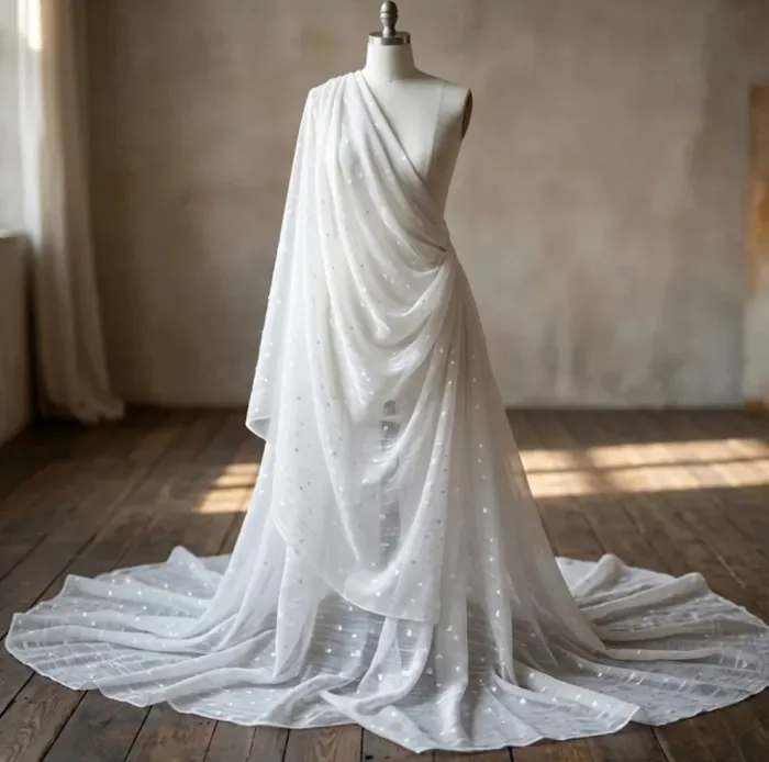 Tela Visillo italiano blanco stropicciato topos - 6