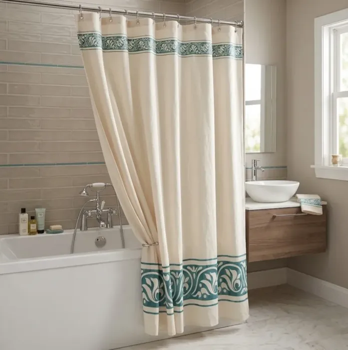 Cortina de baño loneta beige greca verde