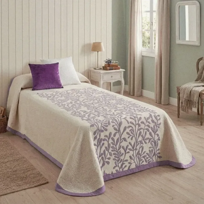 Colcha reversible hojas lila. Cama 90
