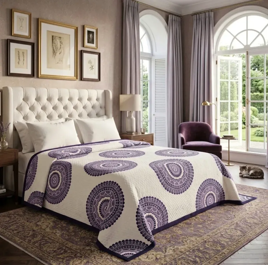 Colcha reversible morada mandalas. Cama: 135, 150