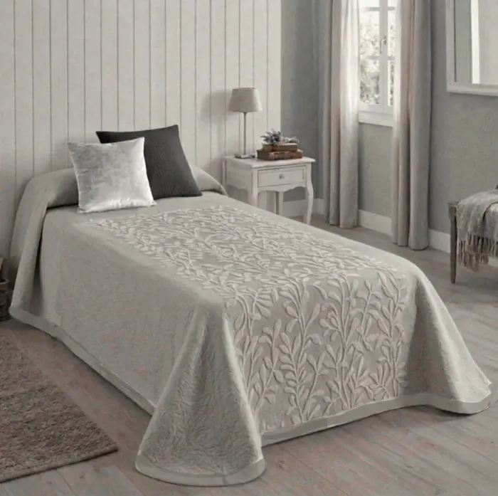 Colcha reversible hojas gris. Cama 90 - 1