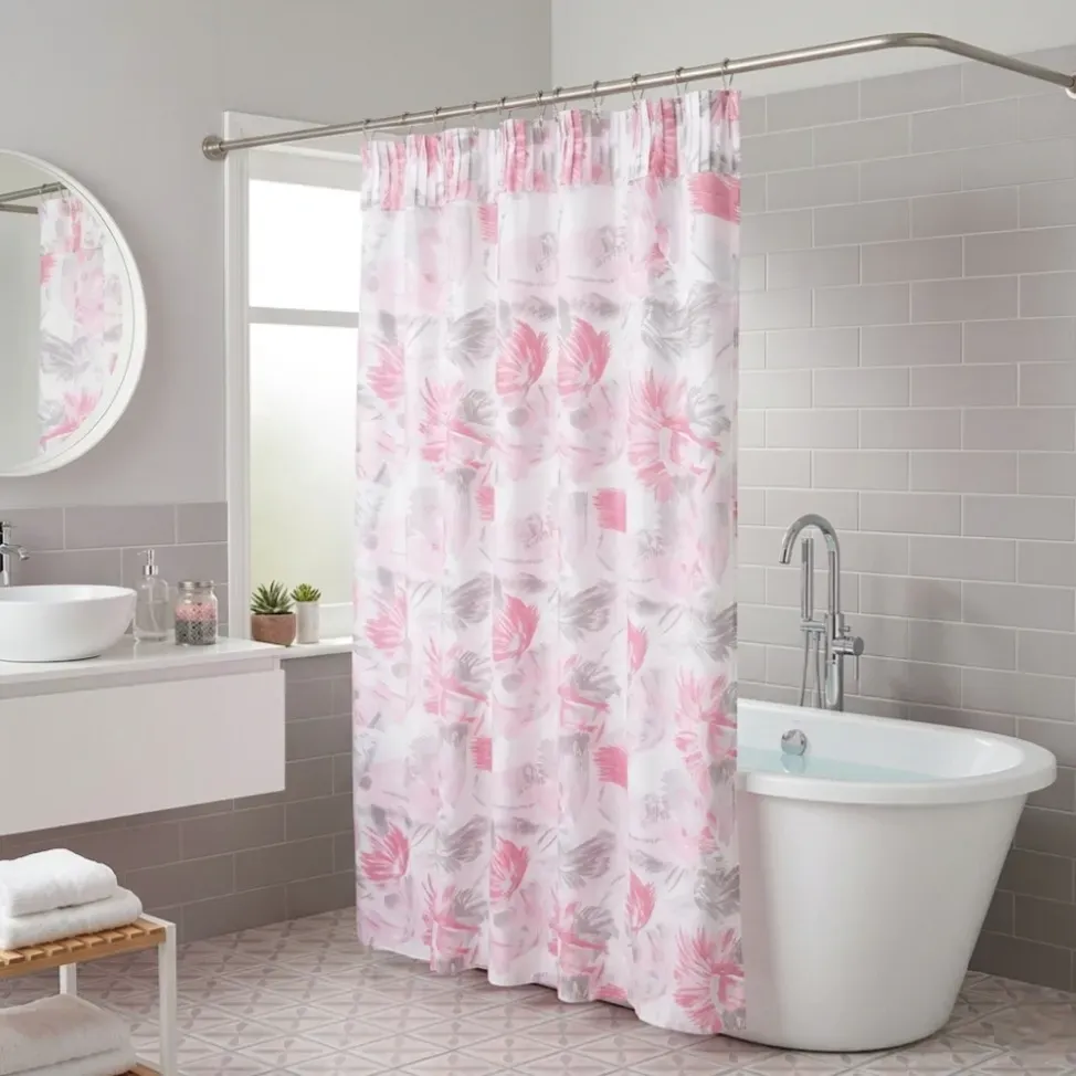 Cortina baño flores rosa y plata