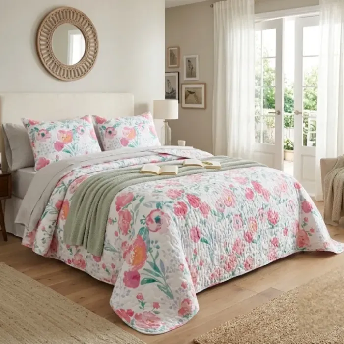 Colcha bouti flor acuarela. Cama 90 y 135