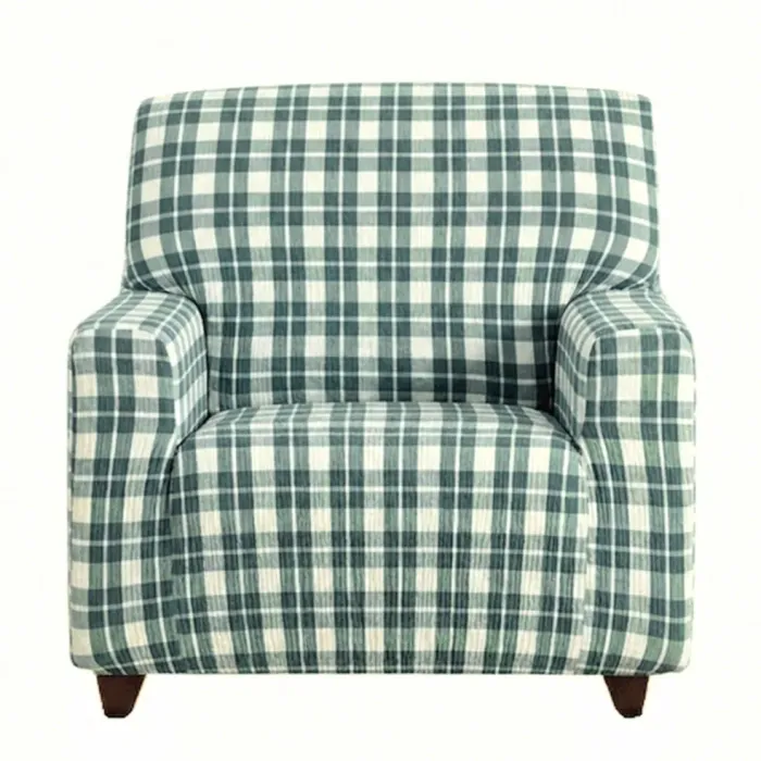 Funda de sillón de cuadros verdes y beige. 1 plaza - 2