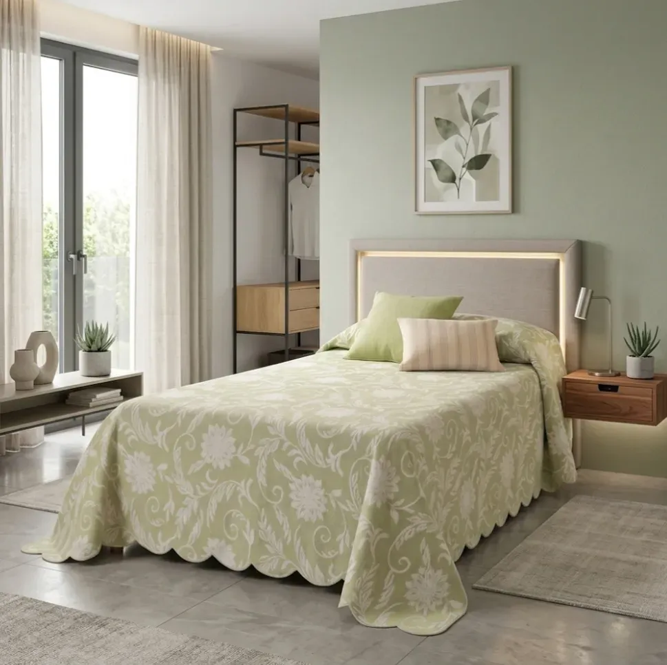 Colcha reversible verde flores. Cama 90