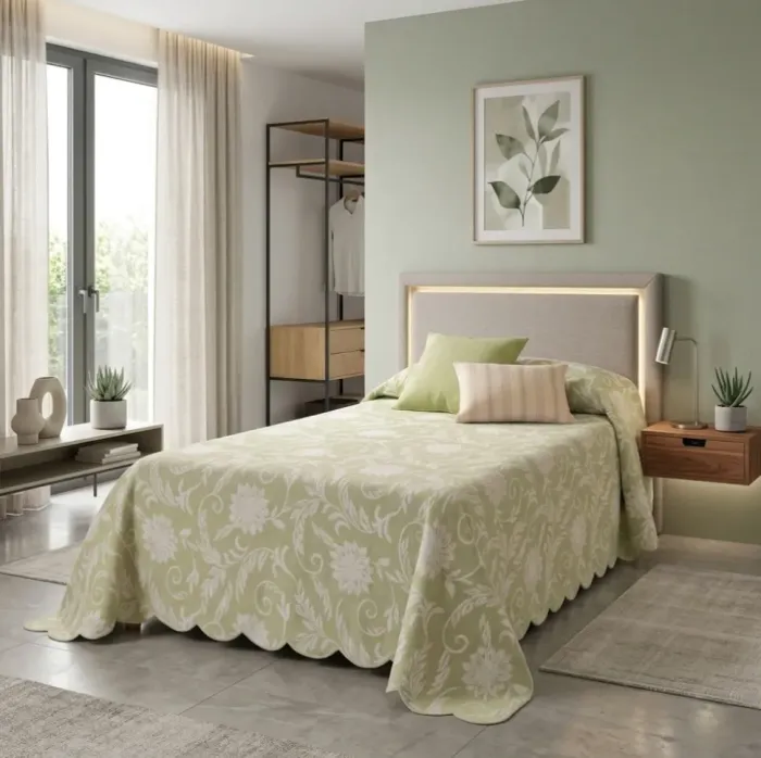 Colcha reversible verde flores. Cama 90