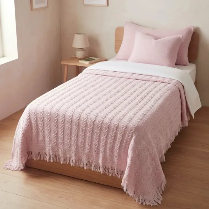 Colcha encaje rosa con flecos. Cama