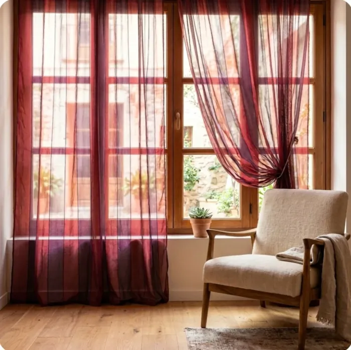 Tela Visillo organza rayas berenjena granate - 5