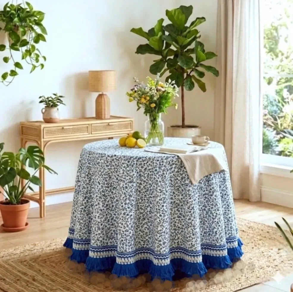 Faldilla redonda florecitas azul: 155 cm