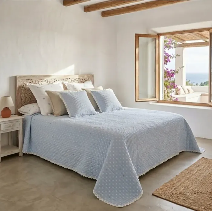 Colcha boutie estrellitas celeste y blanco. Cama 135