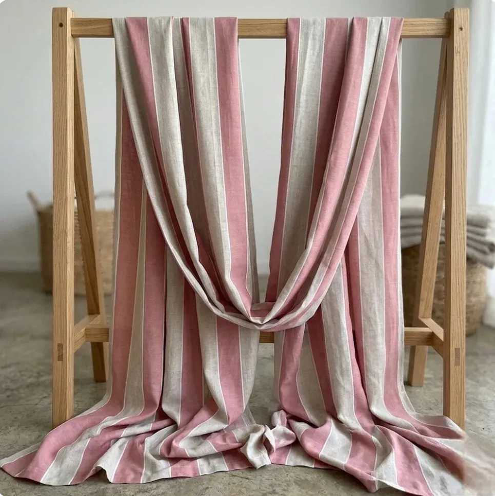 Retal Tela visillo rayas rosa granate y beige