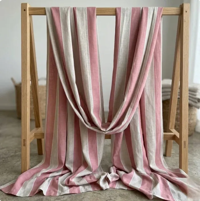 Retal Tela visillo rayas rosa granate y beige