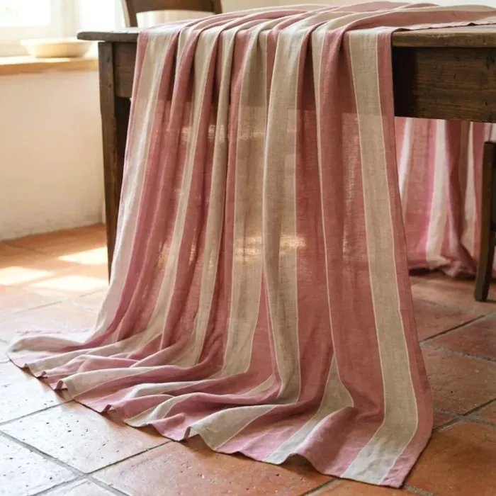 Retal Tela visillo rayas rosa granate y beige - 2
