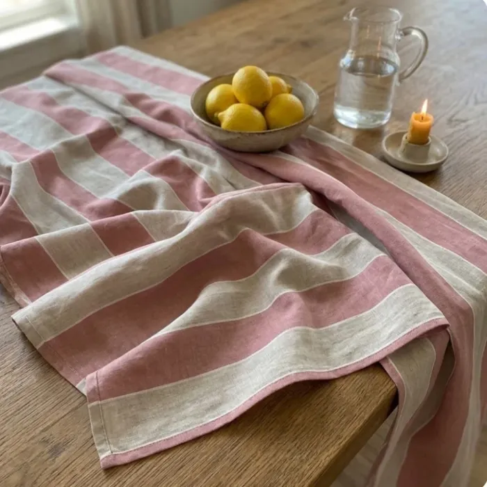 Retal Tela visillo rayas rosa granate y beige - 4