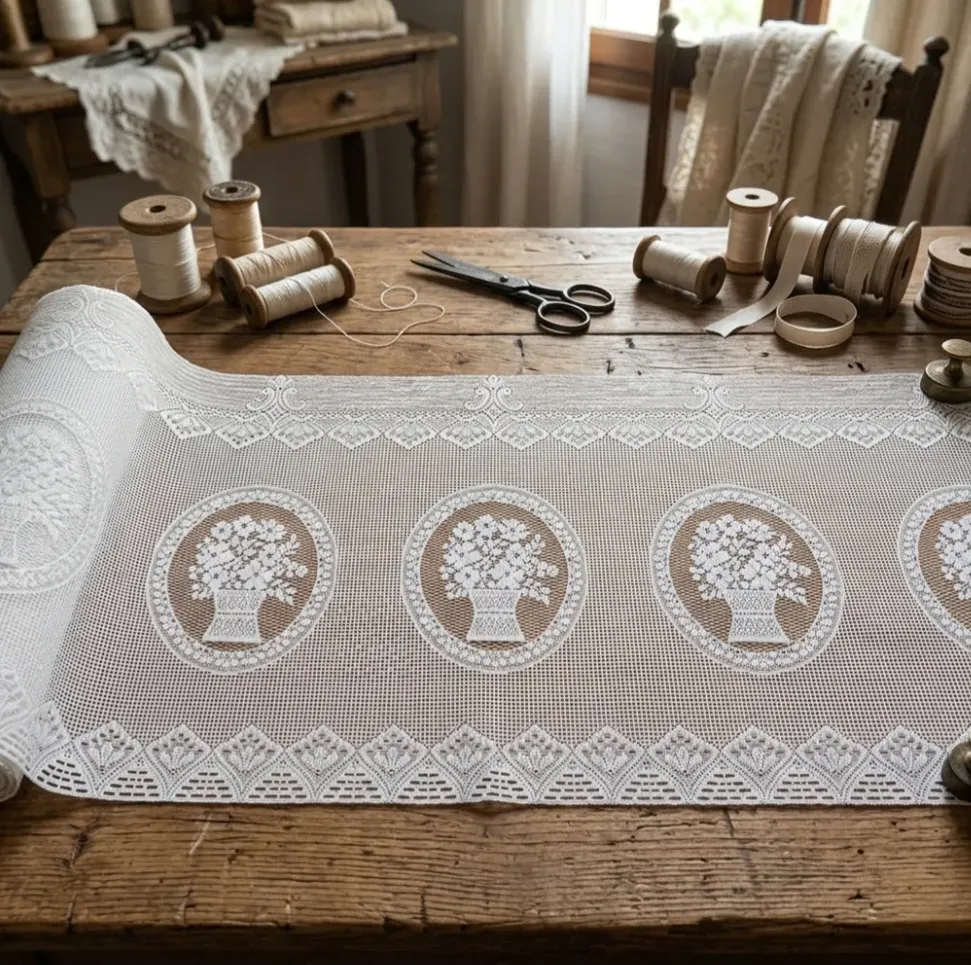 Greca tela encaje blanco árboles alto 35