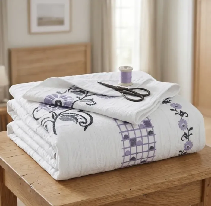 Colcha greca flores morada. CAMA 90 - 2