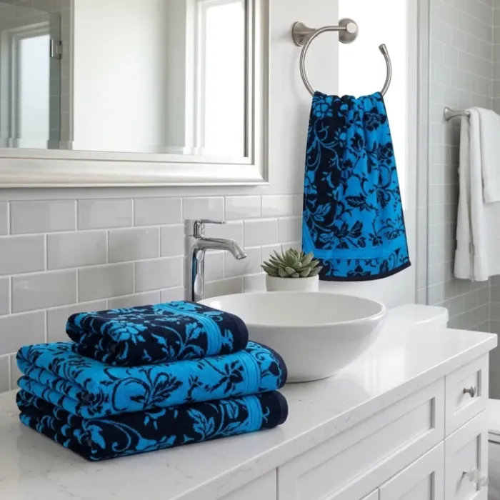 Toallas reversibles flores negro azul