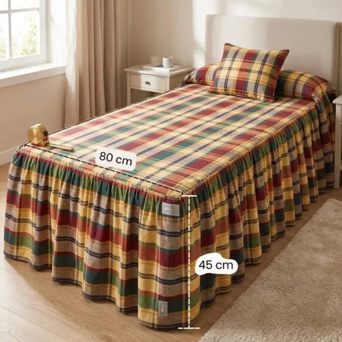 Colcha de verano cuadros teja, amarillos y verde. Cama 80