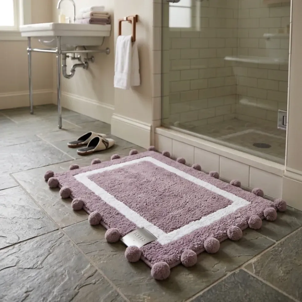 Alfombra de baño pompones malva