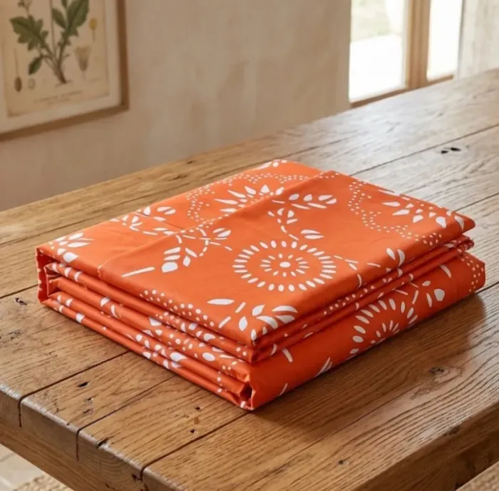 Colchas multiusos naranjas con dibujos blancos. - 3