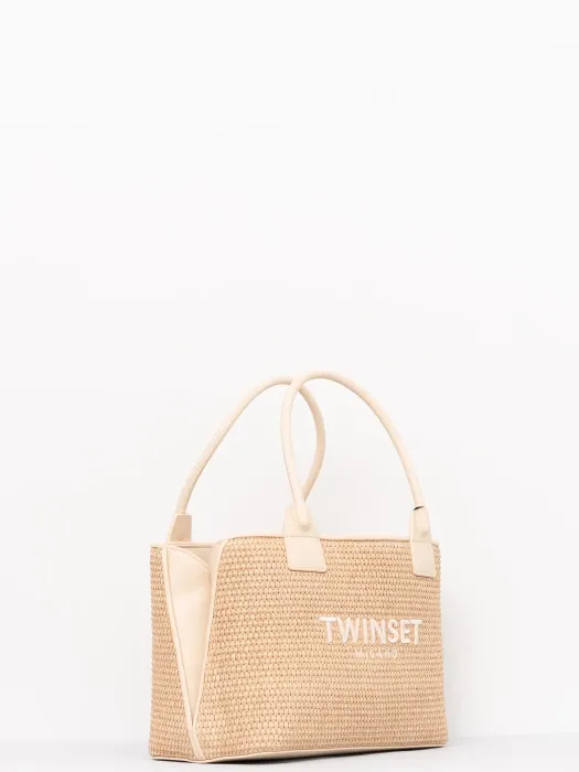 TWINSET bolso rafia mediano color natural con logo - 2