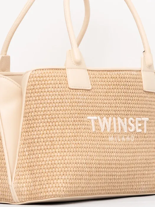TWINSET bolso rafia mediano color natural con logo - 4