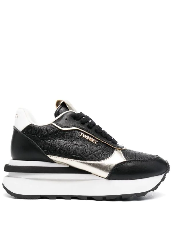 TWINSET sneaker en piel color negro y oro con logotipo en relieve - 3
