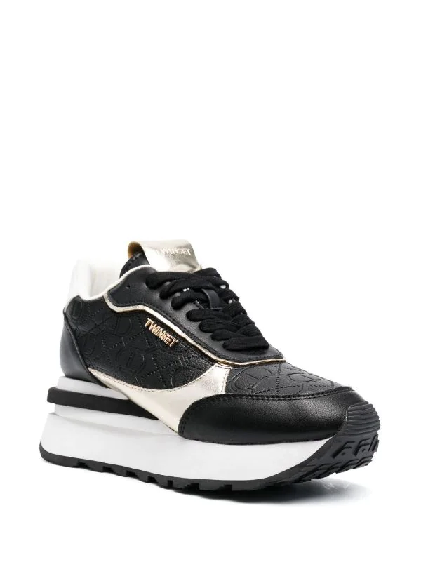 TWINSET sneaker en piel color negro y oro con logotipo en relieve - 4
