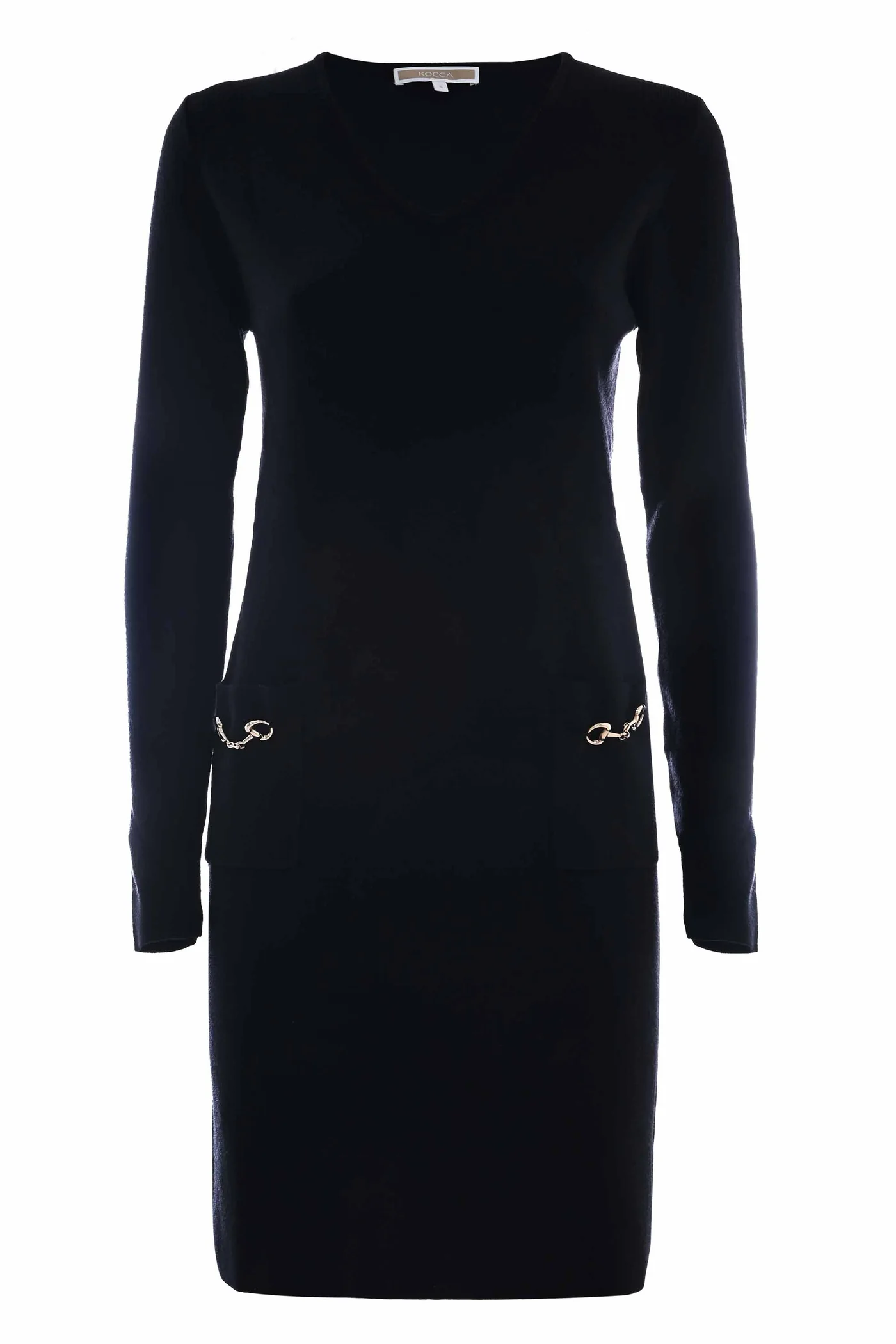 KOCCA vestido negro con escote pico y bolsillos  con aplicación metálica - 5