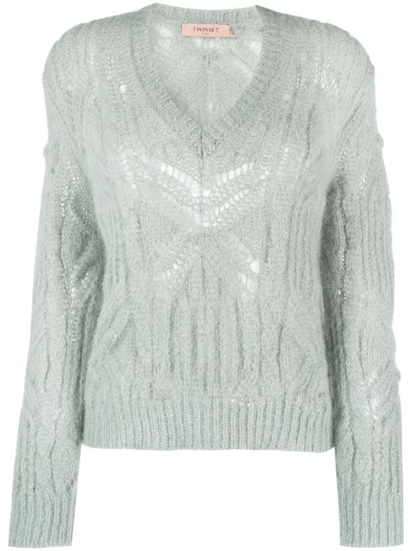 TWINSET jersey calado con escote pico verde agua - 5