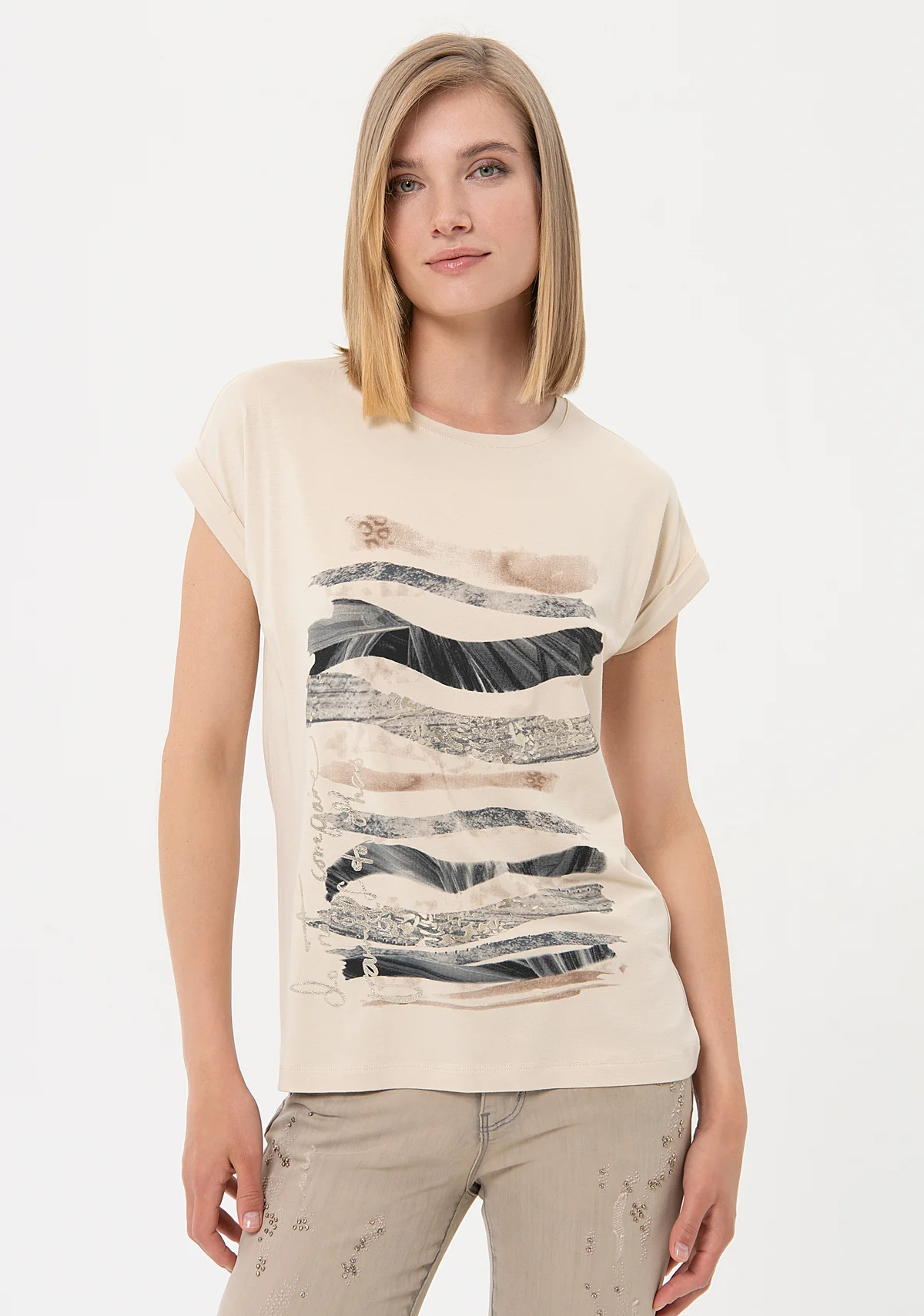 FRACOMINA camiseta manga corta arena con estampado de ondas