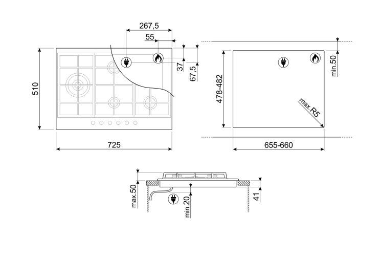 SMEG PX375L PLACA DE GAS INOX 5 FUEGOS 70/75CM Clasica - 5