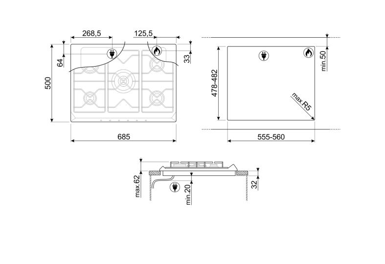 SMEG SRV575GH5 PLACA GAS INOX 5 FUEGOS 70/75CM Contemporanea - 2