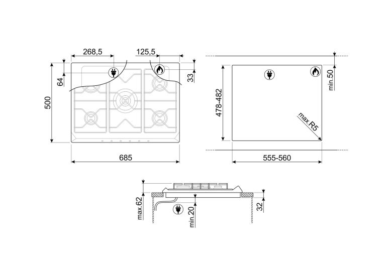 SMEG SRV576GH5 PLACA GAS INOX 5 FUEGOS 70/75CM Contemporanea - 2